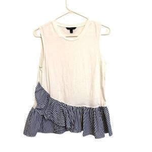 2/$30 Banana Republic White Sleeveless Top with Blue Stripe Ruffle Accent Small